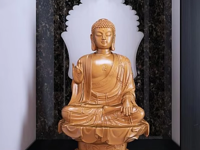 Exquisite Wooden Buddha Sculpture With Intricate Carving Details And Decorative Background 3d model