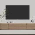 Modern Wooden TV Stand with Black TV Screen Green Plant White Decorations and Modern Lamp