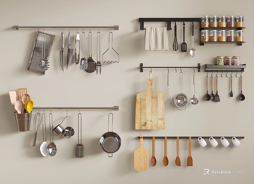 Wall Mounted Kitchen Utensils Storage With Hanging Rods Spoons Pans Cutting Boards And Jars 3d model 