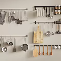 Wall Mounted Kitchen Utensils Storage With Hanging Rods Spoons Pans Cutting Boards And Jars