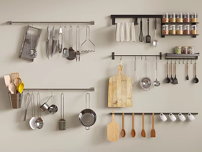 Wall Mounted Kitchen Utensils Storage With Hanging Rods Spoons Pans Cutting Boards And Jars 3d model