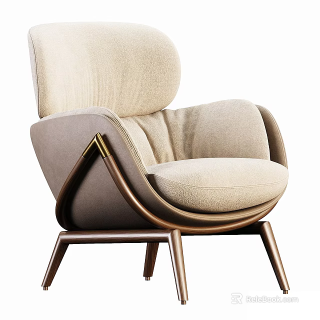 Elegant Beige Fabric Upholstered Single Sofa with Curved Wooden Frame and Modern Design 3d model 