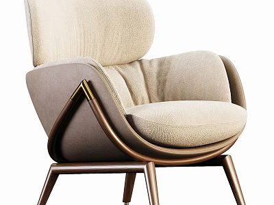 Elegant Beige Fabric Upholstered Single Sofa with Curved Wooden Frame and Modern Design 3d model