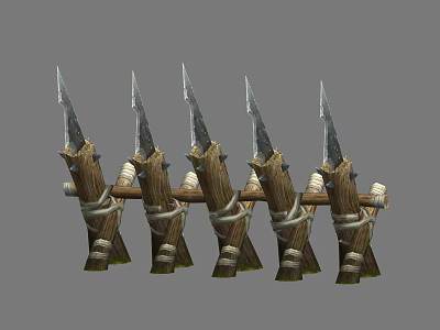 Spiked Wooden Fence With Metal Tips Bound By Ropes In A Row 3d model