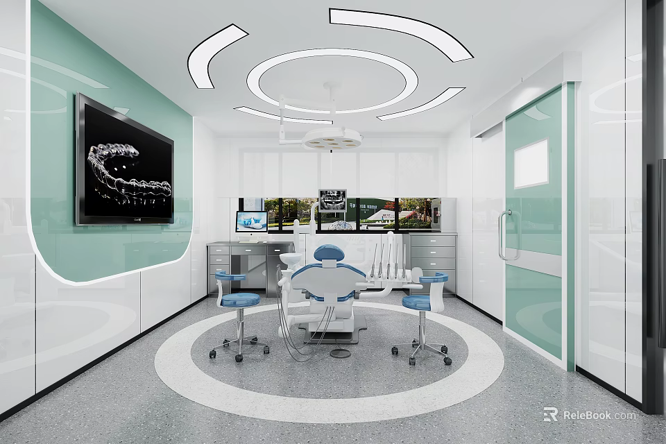 Modern Dental Treatment Room With Dental Chair Blue Chairs Monitors Light Green Walls And Circular Ceiling Lights 3d model 