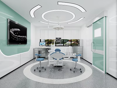 Modern Dental Treatment Room With Dental Chair Blue Chairs Monitors Light Green Walls And Circular Ceiling Lights 3d model