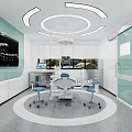 Modern Dental Treatment Room With Dental Chair Blue Chairs Monitors Light Green Walls And Circular Ceiling Lights