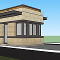Modern Stone Building Exterior With Large Windows Entryway Flat Roof And Grass Area