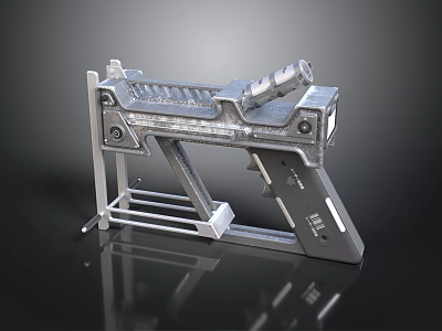 Detailed 3D Metallic Mechanical Weapon Model With Barrel Frame And Stand 3d model