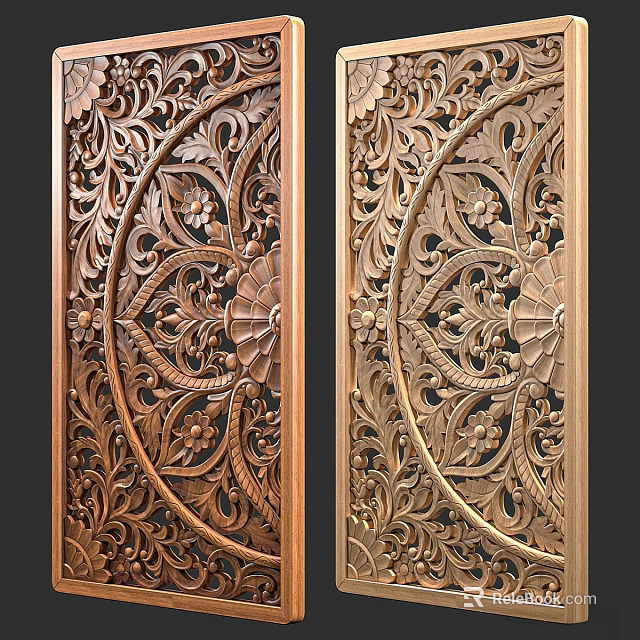 Intricate Carved Wooden Components With Symmetrical Floral Vine Patterns And Ornate Details 3d model 