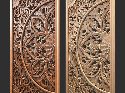 Intricate Carved Wooden Components With Symmetrical Floral Vine Patterns And Ornate Details 3d model