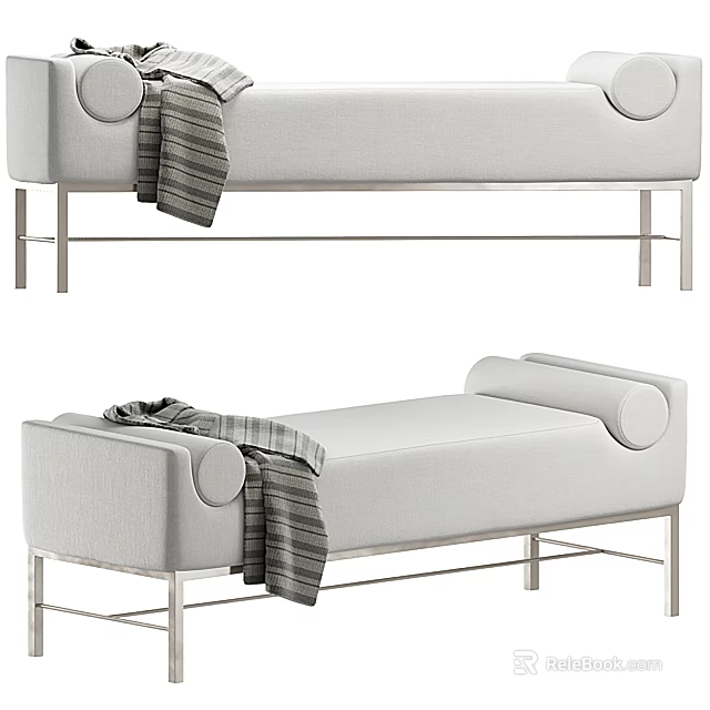 Light Gray Sofa Bench With Metal Legs And Striped Blanket Decor 3d model
