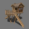 Elevated Wooden Treehouse with Stairs Railing Platform and Structure Design 3d model