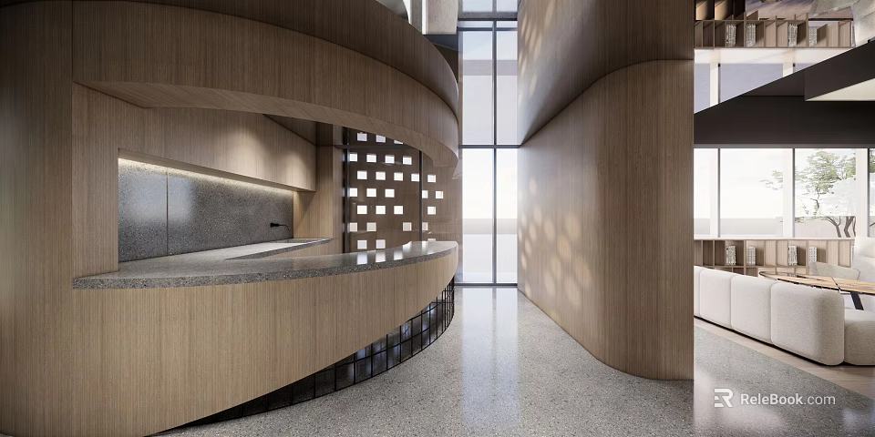 Modern Wooden Reception Desk Curved Design Natural Light Geometric Patterns Sleek Floor Minimalist Interior 3d model 