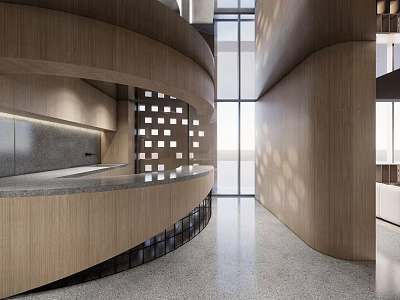 Modern Wooden Reception Desk Curved Design Natural Light Geometric Patterns Sleek Floor Minimalist Interior 3d model