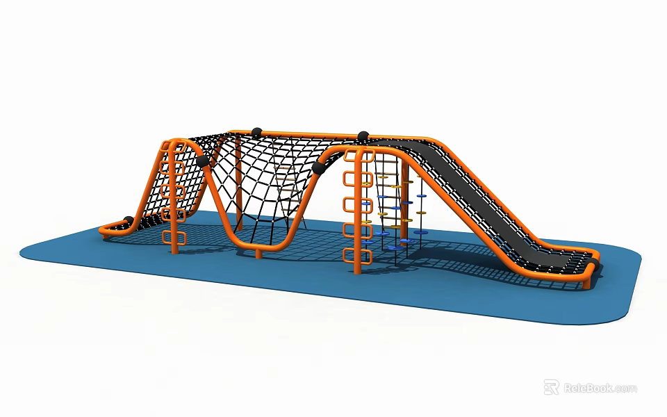 Kids Outdoor Playground Equipment With Orange Climbing Net Slide And Blue Mat 3d model 