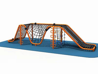 Kids Outdoor Playground Equipment With Orange Climbing Net Slide And Blue Mat 3d model
