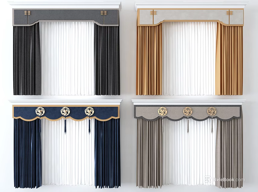 Elegant Curtains With Various Styles Different Colors And Decorative Top Accents 3d model 