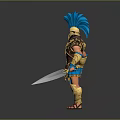 A Man Wearing Golden Armor With Blue Feathered Headpiece Holding Sword