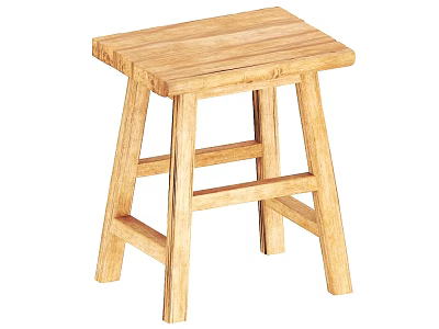 Natural Wooden Stool With Simple Design And Sturdy Cross Bar Structure 3d model