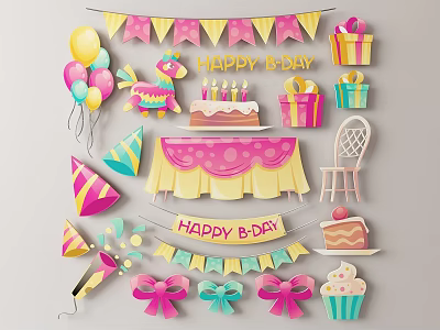 Birthday Party Themed Wall Decor with Happy Birthday Banners Balloons Gifts and Cake 3d model