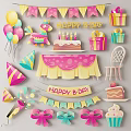 Birthday Party Themed Wall Decor with Happy Birthday Banners Balloons Gifts and Cake