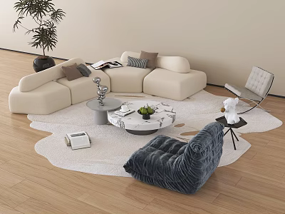 Irregular Shaped Cream Sofa In Modern Living Room With Marble Coffee Table And Green Plant 3d model