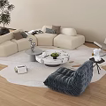Irregular Shaped Cream Sofa In Modern Living Room With Marble Coffee Table And Green Plant