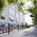 White Building Exterior With Large Windows Green Trees Flower Beds Wooden Benches And Path