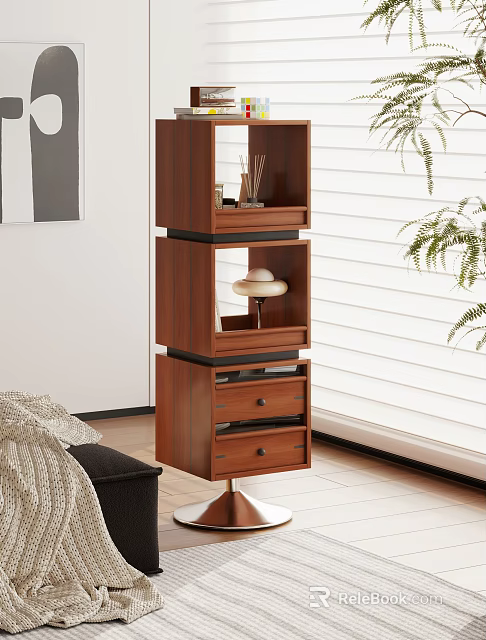 Wooden Shelf Unit With Open Compartments Drawers And Decorative Items In Modern Living Room 3d model 
