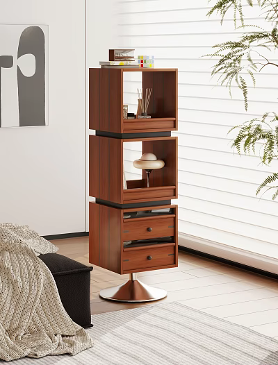 Wooden Shelf Unit With Open Compartments Drawers And Decorative Items In Modern Living Room 3d model
