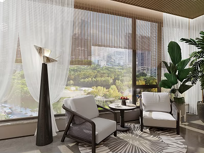 Home Balcony With White Curtains Two Chairs Small Round Table Green Plants And City View 3d model