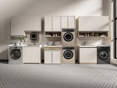 Modern Bathroom Cabinetry Design With Washing Machine Dryer Storage And Sink 3d model