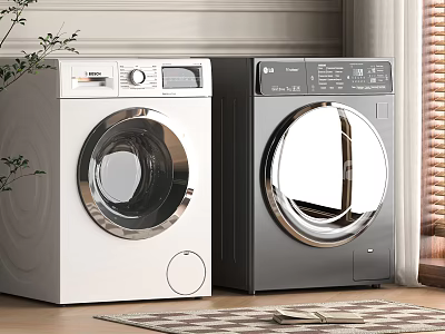 White and Black Front Loading Washing Machines in Modern Home Interior 3d model