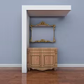 Elegant White Vanity With Golden Trimmed Mirror Drawers And Storage Cabinet
