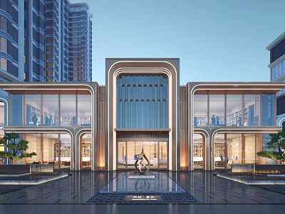 Modern Sales Office Building with Glass Facade Elegant Lighting and Water Feature at Entrance 3d model