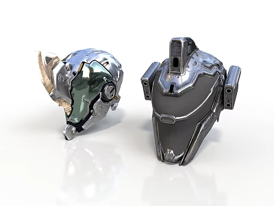 Futuristic Sci Fi Helmets With Metallic Silver And Black Armor Design Components 3d model