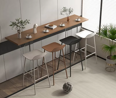 Modern Interior With Wooden Counter And Colorful Bar Stools Featuring Metal Legs 3d model