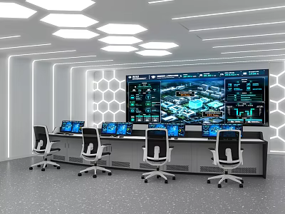 High Tech Control Room With Multiple Monitoring Screens Desks And Data Display Systems 3d model
