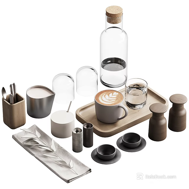 Minimalist Modern Decorative Ornament Set With Glass Bottle Coffee Cup Wooden Tray And Storage Jars 3d model 