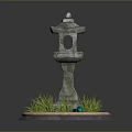 Japanese Stone Lantern Garden Decor With Circular Base And Green Grass