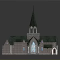 Cartoon Church Scene With Green Spire Stone Walls And Stained Glass Window