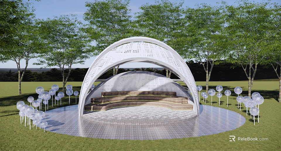 Tranquil Garden Landscape Design With White Arched Structure Green Trees And Circular Paved Area 3d model 