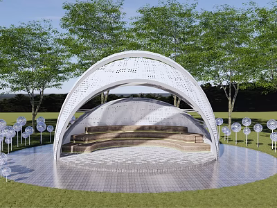 Tranquil Garden Landscape Design With White Arched Structure Green Trees And Circular Paved Area 3d model