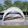 Tranquil Garden Landscape Design With White Arched Structure Green Trees And Circular Paved Area 3d model