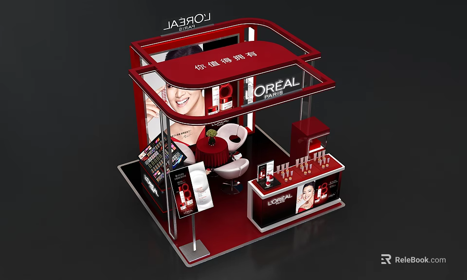L'OREAL Exhibition Booth With Red Design Product Display And Promotional Posters 3d model 