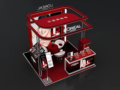 L'OREAL Exhibition Booth With Red Design Product Display And Promotional Posters 3d model