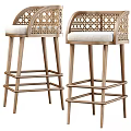 Wooden Bar Stool With Carved Backrest Light Beige Padded Seat And Layered Leg Rungs