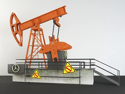 Orange Industrial Oil Pumpjack Equipment With Warning Signs And Safety Railing 3d model