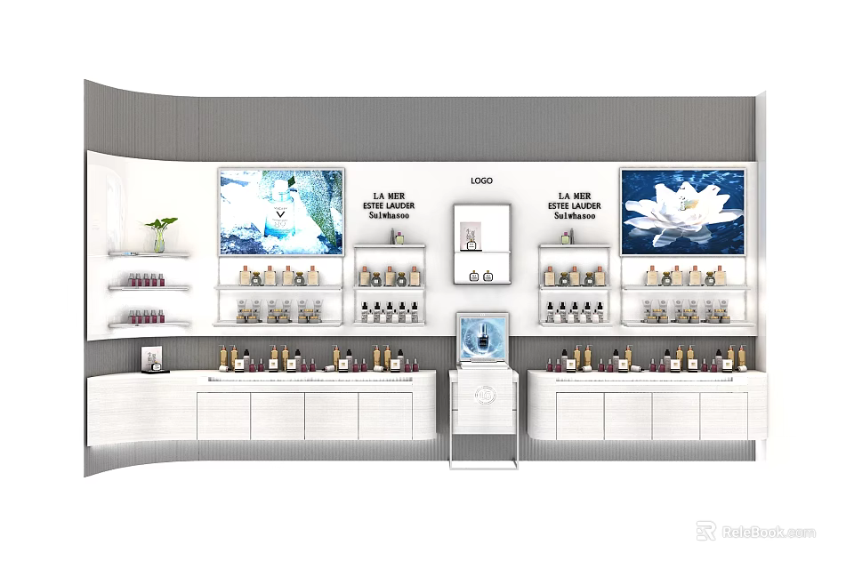 Modern Cosmetic Display Shelves With Large Screens Lotus Images Brand Logo And Skincare Products 3d model 